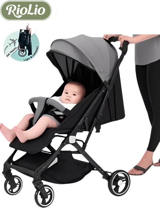 hibobi Lightweight Stroller,Foldable Baby Stroller, 0-3 Year Old Baby Travel Stroller With Storage Basket, Four-Wheel Suspension, One Click Folding, Can Sit Or Lie Down, 5-Point Seat Belt, Grey - Image 1